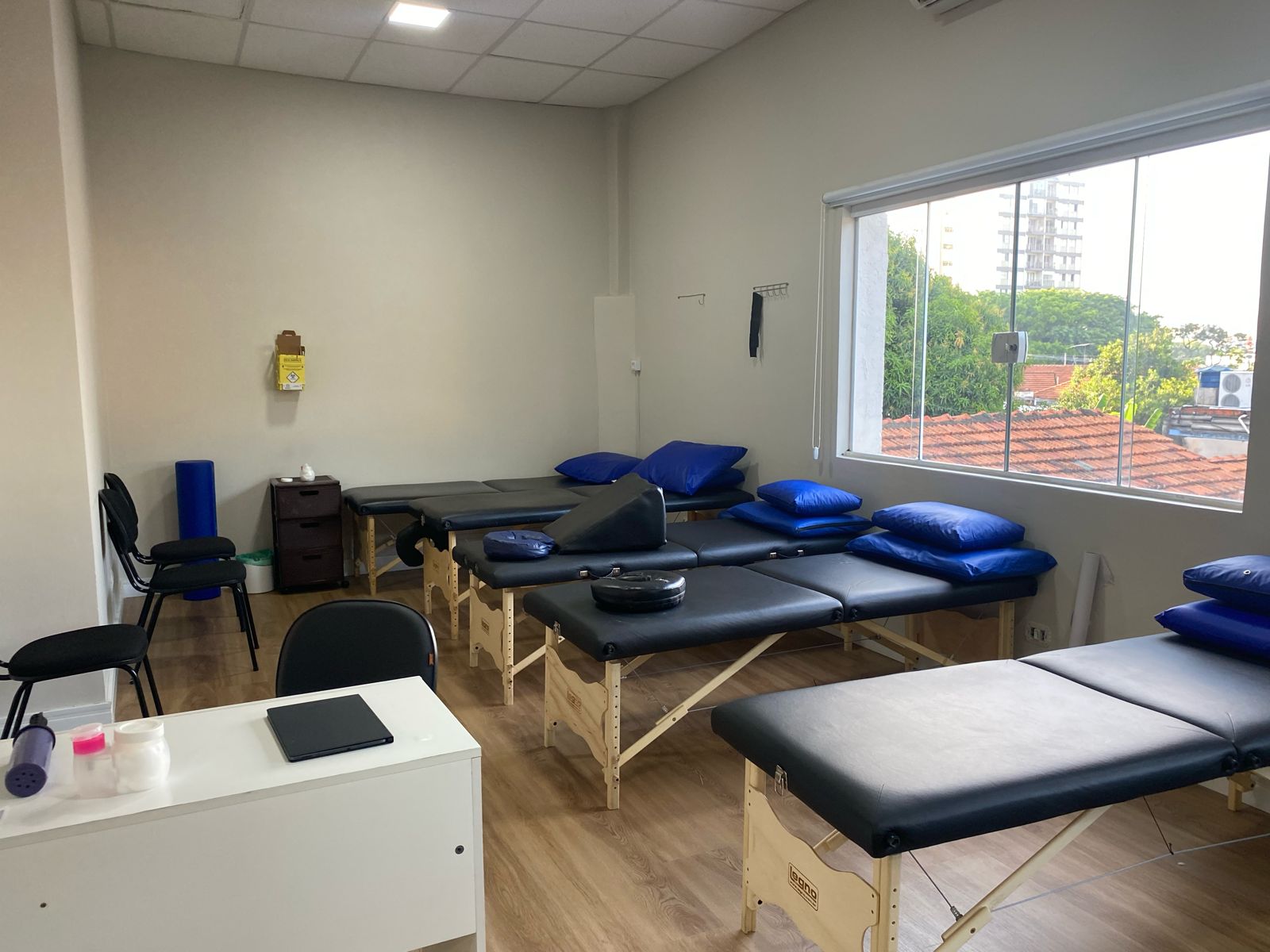 Sala de atendimento com vista e macas de fisioterapia